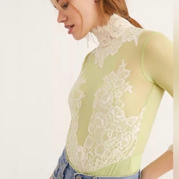 Free People x We Are HAH Lime Green Cream Lace Sheer Bodysuit NWT Size Small